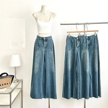 Moterų Vintage Blue High Waisted Pločio Kojų Jeans Street Retro Stiliaus Atsitiktinis Džinsinio audinio Kelnės Moteriška Tiesiai Laisvas Kelnes
