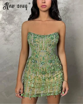 Žalia Pasinėrus Iškirpte Trumpas Prom Dress, Su Sunkiųjų Zawalcowany Haute Couture Baigimo Šalis Suknelės, Mini Ypatinga Proga Suknelės