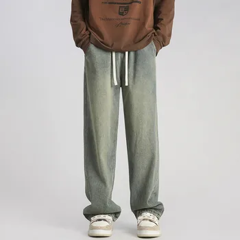 Streetwear Vyrų Elastinga Juosmens Pločio Kojų Baggy Jeans korėjos Mados Naujų Rudens Šviesą Negabaritinių Džinsai Vyrų Raišteliu Dizaino Kelnės