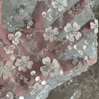 Romantiška Ne Klijuoti 3D Gėlės Blizgučiai ant Dramblio kaulo Akių Elastinga Puošnios Nėrinių Audinys, Tiulis Net Vestuvinių Suknelių 2023 