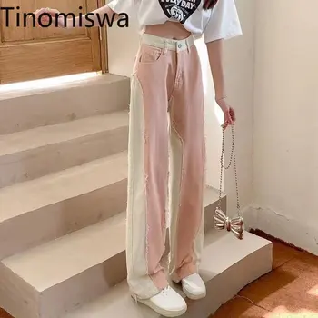 Tinomiswa Streetwear Mados Pločio Kojų Kelnės Moterims Kontrasto Spalvų Kratinys Džinsinio Džinsus Moterų Aukšto Juosmens Atsitiktinis Tiesiai Capris