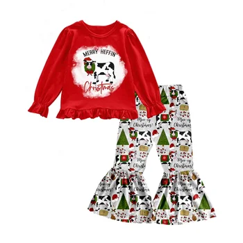 Boutique Kalėdų drabužius Merginos Laimingas Heifer ilgomis Rankovėmis Linksmų Karvės Varpas Apačioje, Komplektai, Mergaičių Suknelės Su Baby Romper