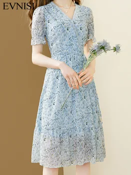EVNISI Blue Elegantiškas Gėlių Spausdinti Moterų Šifono Suknelė su V-Kaklo Chic 