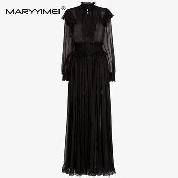 MARYYIMEI Mados Dizaineris Rudens Moterų suknelė Ilgai Ruffles rankovėmis Elastinga juosmens Vieną krūtinėmis Juodas Elegantiškas Ilgas Sukneles