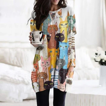 Moteris katė modelio megztiniai ilgai kišenėje mados viršūnes ponios atsitiktinis ilgomis rankovėmis megztinis moteriška patogus streetwear palaidinukės