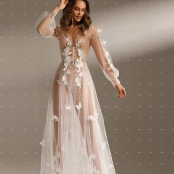 Qcenkeren Vestuvių Suknelės-Line Paprasta Vestuvinės Suknelės V-Kaklo Elegantiškas Nėrinių Appliques Grindų Ilgis Teismas Traukinio Moterų 2023