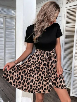 Moterų Leopard Kratinys-line Suknelė Vasarą, O Kaklo trumpomis Rankovėmis Mini Suknelės Office Lady Atsitiktinis Suknelės Vestido Playa