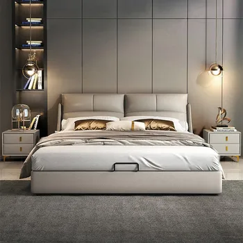 Italijos šviesos prabanga minkšta lova, dvigulė lova minimalizmo meistras lova, naujas minimalistinis minkštas krepšys didelis atlošas yra aptraukti oda meno lova
